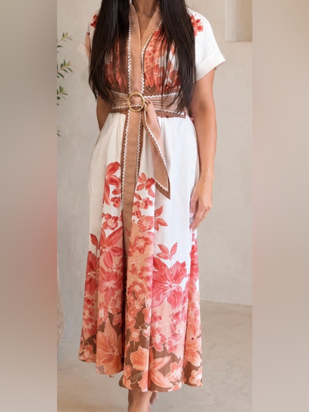Reiss White Maxi Dress with Coral Floral Border and Tie Belt